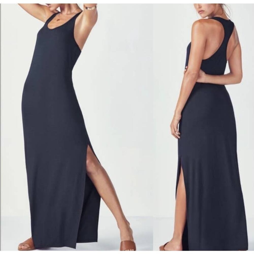 Fabletics Navy‎ Blue Racerback Maxi Dress Side Slit Athleisure Size S